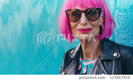 Elderly Woman With Pink Hair and Stylish Sunglasses in Bold Fashion 123667938