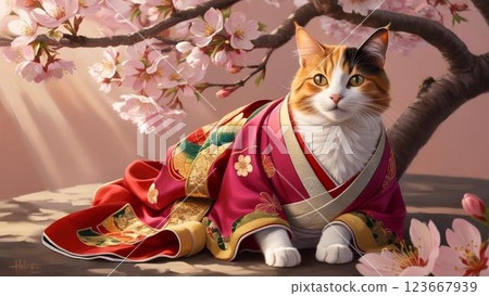 Japanese cat posing in a kimono 123667939