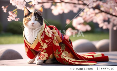 Japanese cat posing in a kimono 123667940