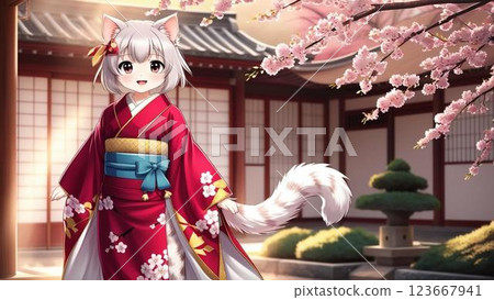 Japanese cat posing in a kimono 123667941