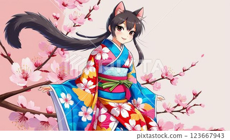 Japanese cat posing in a kimono 123667943