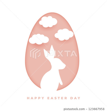 happy easter card in paper style with rabbit and clouds 123667958