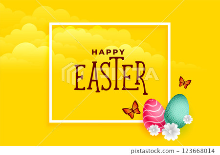 yellow easter card with eggs butterfly and flowers 123668014