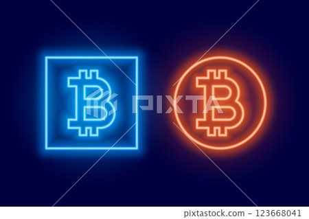 two bitcoin logo symbol made in neon style two bitcoin logo symbol made in neon style 123668041