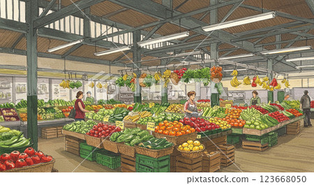 熱鬧的室內市場的新鮮水果和蔬菜區 123668050