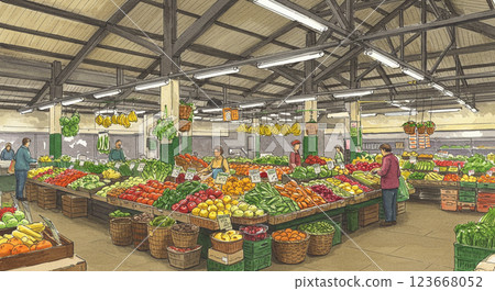 Fresh fruit and vegetable section of a vibrant indoor market 123668052