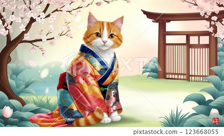 Japanese cat posing in a kimono 123668055