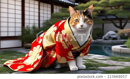 Japanese cat posing in a kimono 123668057