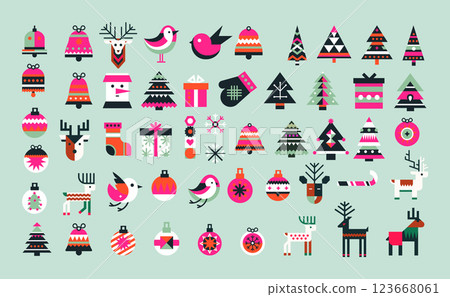 Modern Geometric Christmas Icon Set With Festive Elements In Flat Vector Illustration 123668061