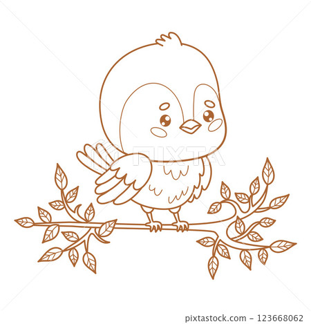 Outline little bird tit on branch with leaves. Funny cartoon kawaii character chickadee. Line drawing, coloring book. Vector illustration. Kids collection Outline little bird tit on branch with leaves. Funny cartoon kawaii character chickadee. Line drawing, coloring book. Vector illustration. Kids collection 123668062