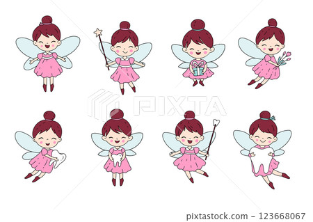 Cute Tooth Fairy Clipart Set With Pink Dress And Brown Hair In Hand-Drawn Vector Illustration Cute Tooth Fairy Clipart Set With Pink Dress And Brown Hair In Hand-Drawn Vector Illustration 123668067