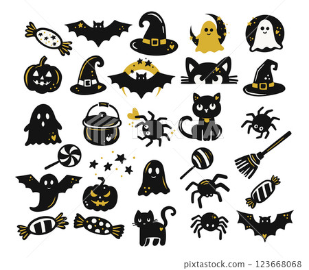 Halloween Cute Vector Clipart Set With Ghosts, Bats, Spiders, Pumpkins, And Witchy Elements Halloween Cute Vector Clipart Set With Ghosts, Bats, Spiders, Pumpkins, And Witchy Elements 123668068