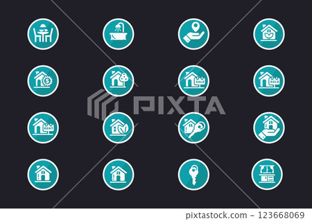 Teal Real Estate Icons Set For Property Sales, Rental, Interior Design, And Home Services In Vector Format Teal Real Estate Icons Set For Property Sales, Rental, Interior Design, And Home Services In Vector Format 123668069