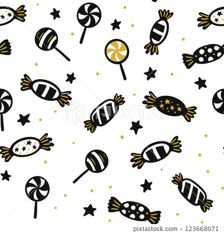 Seamless Halloween Candy Pattern With Lollipops And Wrapped Sweets In Playful Vector Illustration 123668071