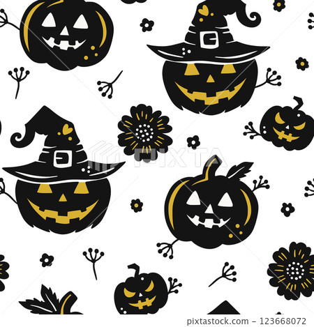 Halloween Seamless Pattern With Spooky Jack O Lantern Pumpkins And Witch Hats On White Background Halloween Seamless Pattern With Spooky Jack O Lantern Pumpkins And Witch Hats On White Background 123668072