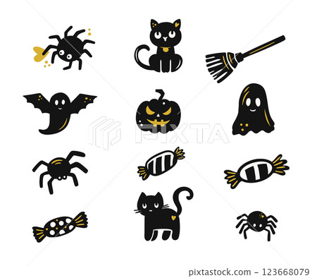 Halloween Clipart Set With Cute Cats, Spiders, Pumpkins, And Bats In Playful Vector Illustration 123668079