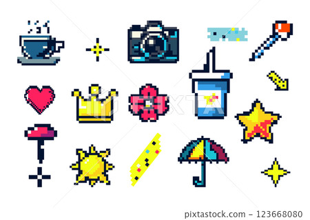 Pixel Art Icon Set Featuring Camera, Crown, Cup, Star, And Flower In 8-Bit Style Pixel Art Icon Set Featuring Camera, Crown, Cup, Star, And Flower In 8-Bit Style 123668080