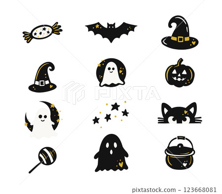 Cute Halloween Clipart Set With Ghosts, Bats, Pumpkins, And Witch Hats In Hand-Drawn Vector 123668081