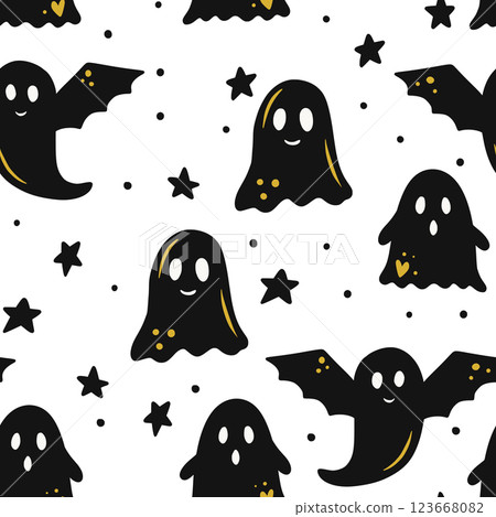 Seamless Halloween Ghost Pattern With Stars In Cute Hand-Drawn Vector Illustration 123668082