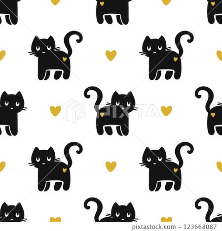 Seamless Cute Black Cat Pattern With Hearts In Minimalist Halloween Vector Illustration 123668087