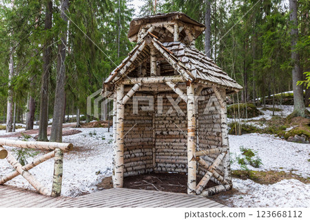 Small birch gazebo located in Monrepos Park on a winter day Small birch gazebo located in Monrepos Park on a winter day 123668112