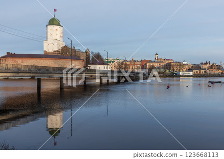 Cityscape with Vyborg castle on a winter day 123668113