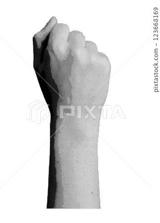 Raised clenched fist of a woman symbolizing strength, freedom, and determination, powerful gesture 123668169