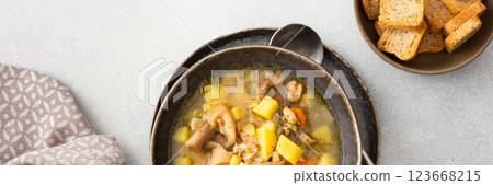 Oyster mushroom soup in plates Oyster mushroom soup in plates 123668215