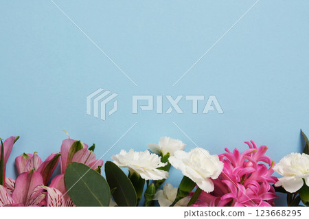 Spring floral border of Alstromeria, Carnation and Hyacinth on pastel blue background. Place for your text, congratulations, wishes. Spring floral border of Alstromeria, Carnation and Hyacinth on pastel blue background. Place for your text, congratulations, wishes. 123668295