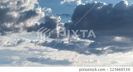Blue sky covered with various sized clouds. Background photo texture Blue sky covered with various sized clouds. Background photo texture 123668539