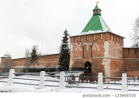 Nikolskaya Tower of the Nizhny Novgorod Kremlin on a winter day Nikolskaya Tower of the Nizhny Novgorod Kremlin on a winter day 123668558