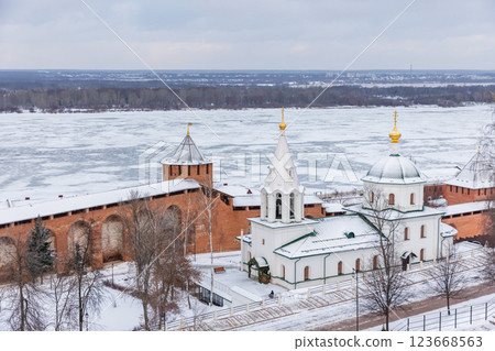 Kremlin wall the church of St. Simeon the Stylite. Nizhniy Novgorod in winter Kremlin wall the church of St. Simeon the Stylite. Nizhniy Novgorod in winter 123668563