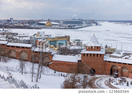 Kremlin wall and coasts of Volga river. Nizhny Novgorod Spit 123668564