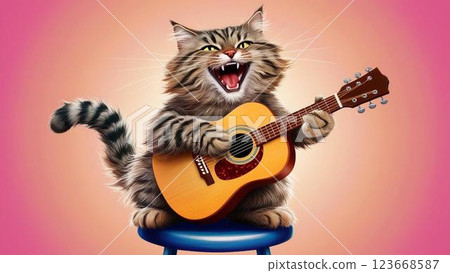 Brown tabby cat playing guitar 123668587
