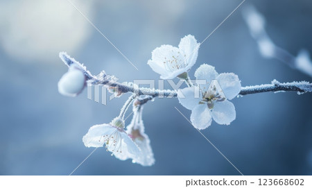 frozen cherry blossom branch with delicate white flowers dusted in frost, soft focus and cold blue tones under natural light, creating a serene and poetic winter scene with fine macro details 123668602
