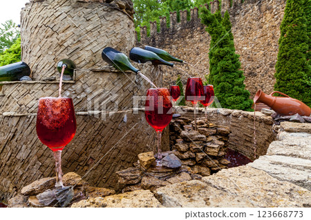 Fountain with red wine pouring from bottles 123668773