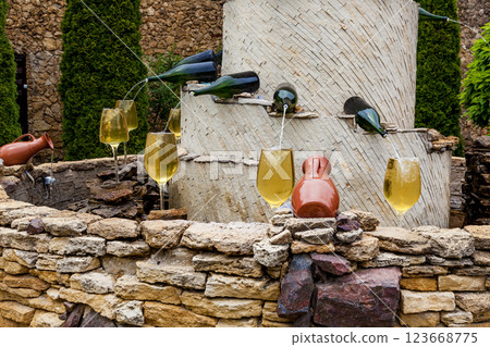 Fountain with white wine pouring from bottles 123668775