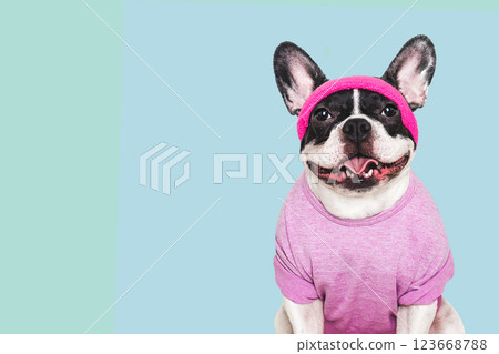 Cute puppy, pilates tank top and headband. Studio photo Cute puppy, pilates tank top and headband. Studio photo 123668788