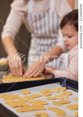 tray with gingerbread cookies and mother and child daughter baking cookies in kitchen 123668840