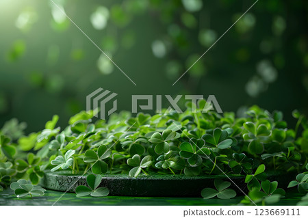 Green podium surrounded by clover leaves for festive display 123669111