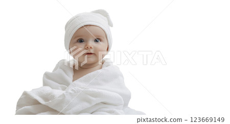 Happy joyful baby in white blanket towel transparent PNG, isolated background cutout. Smiling toddler in cozy soft bed sheets 123669149