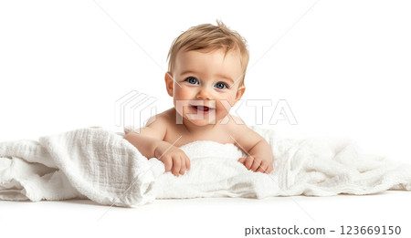 Happy joyful baby in white blanket towel transparent PNG, isolated background cutout. Smiling toddler in cozy soft bed sheets Happy joyful baby in white blanket towel transparent PNG, isolated background cutout. Smiling toddler in cozy soft bed sheets 123669150