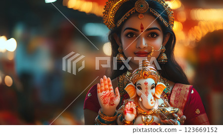 Woman holding Ganesha idol during Maha Kumbh Mela Woman holding Ganesha idol during Maha Kumbh Mela 123669152