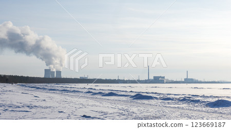 Panoramic winter landscape with the Leningrad Nuclear Plant in winter Panoramic winter landscape with the Leningrad Nuclear Plant in winter 123669187