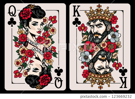 Queen of Clubs and King of Clubs. Playing cards vector 123669232
