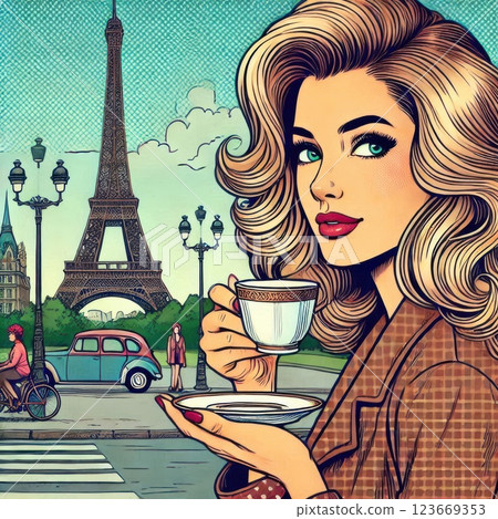 Woman enjoying coffee in Paris, pop art style, vintage colors. Romantic ambiance, perfect for travel, lifestyle, and fashion visuals. Woman enjoying coffee in Paris, pop art style, vintage colors. Romantic ambiance, perfect for travel, lifestyle, and fashion visuals. 123669353