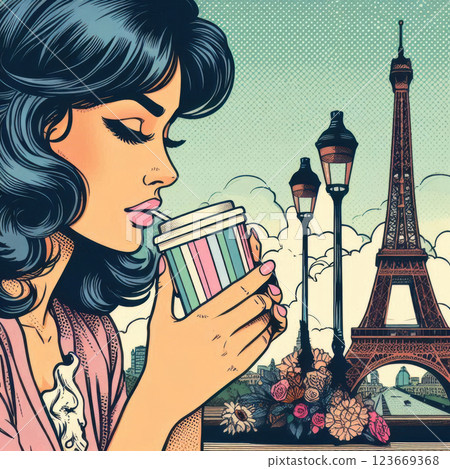Sophisticated woman sipping coffee in Paris, vintage-inspired pop art style. Romantic feel, great for travel, fashion, and lifestyle concepts. Sophisticated woman sipping coffee in Paris, vintage-inspired pop art style. Romantic feel, great for travel, fashion, and lifestyle concepts. 123669368