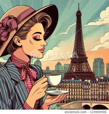 Chic woman sipping coffee in Paris, pop art style with vintage colors. Romantic vibes, perfect for travel, lifestyle, and fashion concepts. Chic woman sipping coffee in Paris, pop art style with vintage colors. Romantic vibes, perfect for travel, lifestyle, and fashion concepts. 123669406