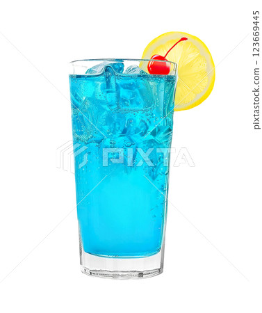 Blue Lagoon cocktail with lemon wheel garnish transparent PNG isolated background. Mixology, bar menu, colorful vibrant refreshing drink in highball glass 123669445