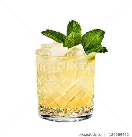 Fog Cutter cocktail with mint sprig garnish transparent PNG isolated background. Mixology, bar menu, colorful vibrant refreshing drink in old fashioned glass Fog Cutter cocktail with mint sprig garnish transparent PNG isolated background. Mixology, bar menu, colorful vibrant refreshing drink in old fashioned glass 123669452